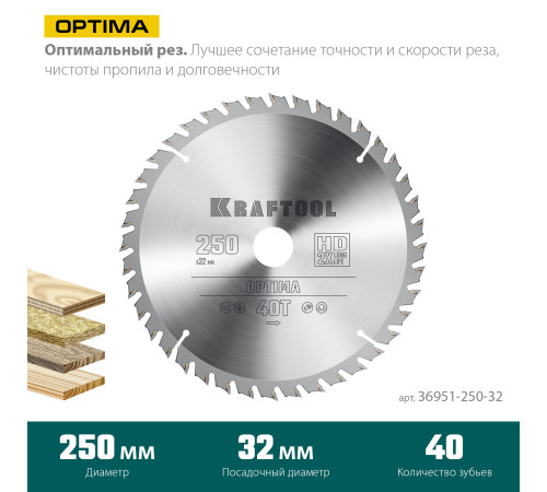 KRAFTOOL Optima, 250 х 32 мм, 40Т, пильный диск по дереву (36951-250-32) купить в Сочи KRAFTOOL Optima, 250 х 32 мм, 40Т, пильный диск по дереву (36951-250-32) купить в Сочи