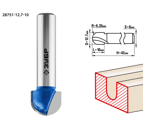 ЗУБР 12.7 x 10 мм, радиус 6.35 мм, фреза пазовая галтельная, Профессионал (28751-12.7-10) купить  в Сочи