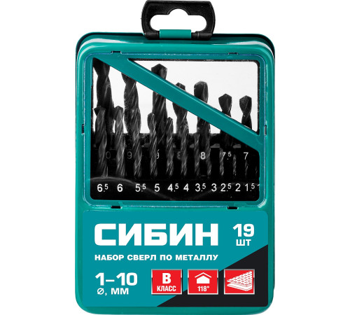 СИБИН 19 шт, (1-10 мм), быстрорежущая сталь, класс В, мет.бокс, набор сверл по металлу (29610-H19) купить в Сочи СИБИН 19 шт, (1-10 мм), быстрорежущая сталь, класс В, мет.бокс, набор сверл по металлу (29610-H19) купить в Сочи