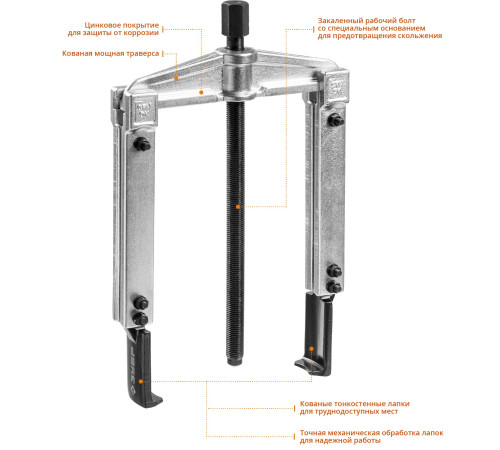 ЗУБР внешний d 30 - 135 мм внутренний d 60 - 160 мм, раздвижной двухзахватный съемник с тонкими захватами, Профессионал (43313-160-215) купить  в Сочи