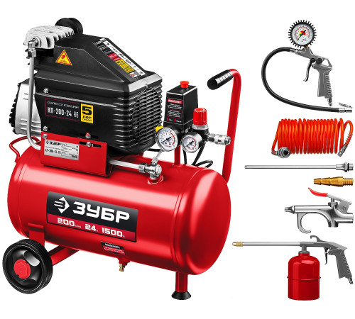 ЗУБР 200 л/мин, 24 л, 1500 Вт, 6 предметов, безмасляный компрессор (КП-200-24 Н6) купить  в Сочи