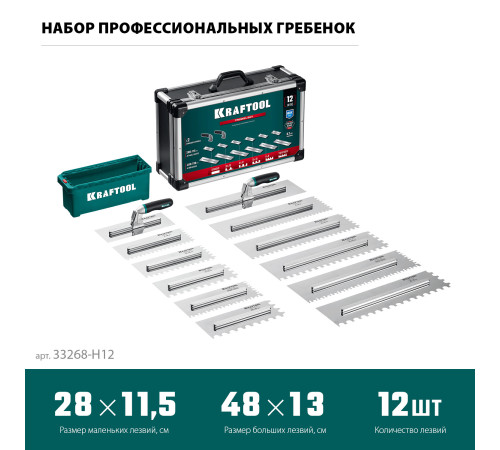 KRAFTOOL 280х115 мм (6шт) - 480х130 мм (6шт), набор нержавеющих гребенок со сменной 2к ручкой, в пластиковом кейсе (33268-H12) купить  в Сочи