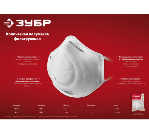 ЗУБР Ф-95, класс защиты FFP2, коническая, фильтрующая полумаска (11169-2) купить  в Сочи