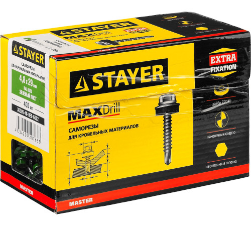 Саморезы СКД кровельные, RAL 6002 зеленый лист, 29 x 4.8 мм, 400 шт, для деревянной обрешетки, STAYER купить  в Сочи Саморезы СКД кровельные, RAL 6002 зеленый лист, 29 x 4.8 мм, 400 шт, для деревянной обрешетки, STAYER купить  в Сочи