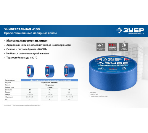 ЗУБР №100 24 мм х 25 м, для гладких и слегка шероховатых поверхностей, малярная лента, Профессионал (12141-24) купить  в Сочи