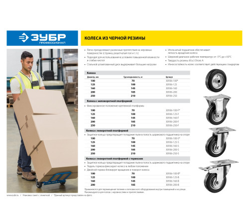ЗУБР d 100 мм, г/п 70 кг, игольчатый подшипник, резина/металл, поворотное колесо c тормозом, Профессионал (30936-100-B) купить  в Сочи