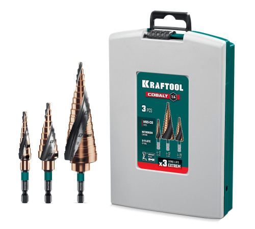 KRAFTOOL COBALT 3 шт., 4-32мм, азотирование, винтовая спираль, набор сверл ступенчатых(29691-4-32-H3) для сверления металлических конструкций и заготовок, листовых материалов, цветных металлов, пластика KRAFTOOL COBALT 3 шт., 4-32мм, азотирование, винтовая спираль, набор сверл ступенчатых(29691-4-32-H3) для сверления металлических конструкций и заготовок, листовых материалов, цветных металлов, пластика