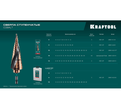 KRAFTOOL COBALT 3 шт., 4-32мм, азотирование, винтовая спираль, набор сверл ступенчатых(29691-4-32-H3) для сверления металлических конструкций и заготовок, листовых материалов, цветных металлов, пластика KRAFTOOL COBALT 3 шт., 4-32мм, азотирование, винтовая спираль, набор сверл ступенчатых(29691-4-32-H3) для сверления металлических конструкций и заготовок, листовых материалов, цветных металлов, пластика