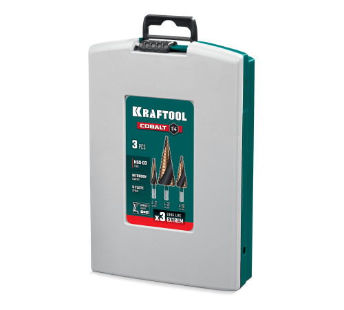 KRAFTOOL COBALT 3 шт., 4-32мм, азотирование, винтовая спираль, набор сверл ступенчатых(29691-4-32-H3) для сверления металлических конструкций и заготовок, листовых материалов, цветных металлов, пластика KRAFTOOL COBALT 3 шт., 4-32мм, азотирование, винтовая спираль, набор сверл ступенчатых(29691-4-32-H3) для сверления металлических конструкций и заготовок, листовых материалов, цветных металлов, пластика