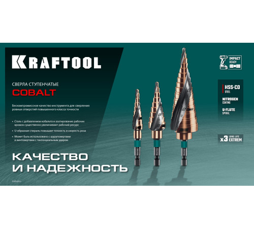 KRAFTOOL COBALT 3 шт., 4-32мм, азотирование, винтовая спираль, набор сверл ступенчатых(29691-4-32-H3) для сверления металлических конструкций и заготовок, листовых материалов, цветных металлов, пластика KRAFTOOL COBALT 3 шт., 4-32мм, азотирование, винтовая спираль, набор сверл ступенчатых(29691-4-32-H3) для сверления металлических конструкций и заготовок, листовых материалов, цветных металлов, пластика