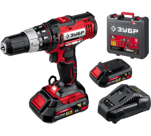 ЗУБР С1-18, 18 В, 40 Н·м, 2 АКБ (2 А·ч), ударная дрель-шуруповерт, кейс (ДШУ-185-22) купить  в Сочи