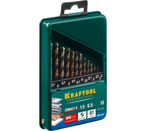 KRAFTOOL COBALT-8, 13 шт, (1.5-6.5 мм), сталь М42, HSS-Co(8%), набор сверл по металлу (29656-H13) купить в Сочи KRAFTOOL COBALT-8, 13 шт, (1.5-6.5 мм), сталь М42, HSS-Co(8%), набор сверл по металлу (29656-H13) купить в Сочи