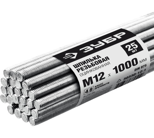 ЗУБР DIN 975, кл. пр. 4.8, М12 х 1000 мм, цинк, 25 шт, резьбовая шпилька (30330-12-1) купить  в Сочи
