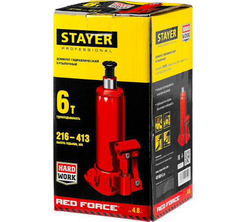 STAYER RED FORCE, 6 т, 216 - 413 мм, бутылочный гидравлический домкрат, Professional (43160-6) купить в Сочи STAYER RED FORCE, 6 т, 216 - 413 мм, бутылочный гидравлический домкрат, Professional (43160-6) купить в Сочи