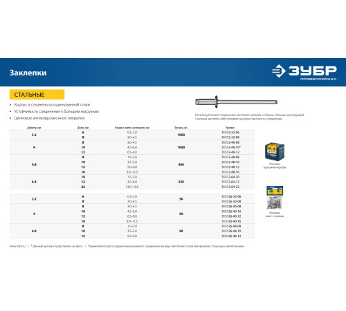 ЗУБР 4.0 x 12 мм, 50 шт, стальные заклепки, Профессионал (313126-40-12) купить  в Сочи