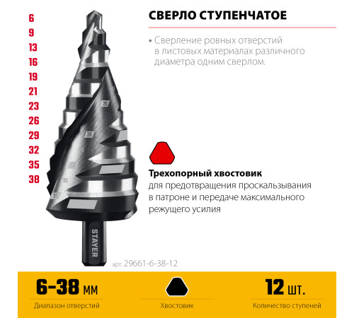 STAYER Pro-Max 6-38мм, 12 ступеней, винтовая спираль, сверло ступенчатое (29661-6-38-12) купить  в Сочи