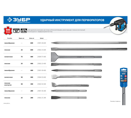 ЗУБР БУРАН, 50 х 300 мм, SDS-max, плоское изогнутое зубило, Профессионал (29383-50-300) купить в Сочи ЗУБР БУРАН, 50 х 300 мм, SDS-max, плоское изогнутое зубило, Профессионал (29383-50-300) купить в Сочи