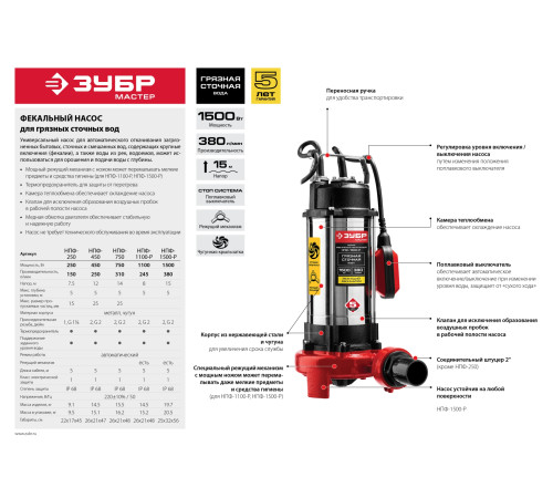 ЗУБР 1500 Вт, фекальный насос с режущим механизмом (НПФ-1500-Р) купить  в Сочи