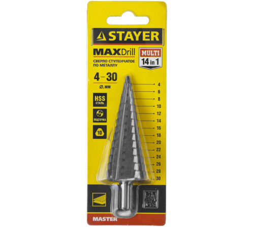 STAYER 4-30 мм, 14 ступеней, сталь HSS, ступенчатое сверло (29660-4-30-14) купить в Сочи STAYER 4-30 мм, 14 ступеней, сталь HSS, ступенчатое сверло (29660-4-30-14) купить в Сочи