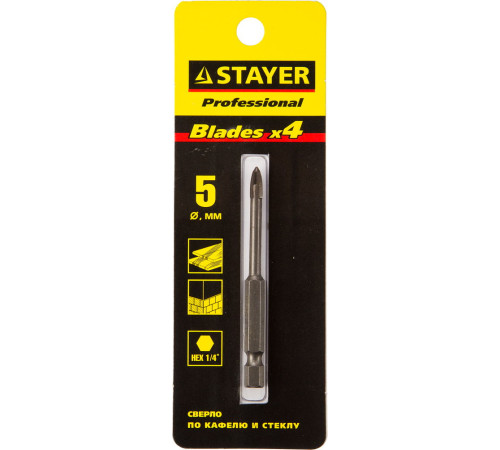 STAYER 5 мм, 4х кромка, HEX 1/4, Сверло по стеклу и кафелю (2985-05) купить в Сочи STAYER 5 мм, 4х кромка, HEX 1/4, Сверло по стеклу и кафелю (2985-05) купить в Сочи