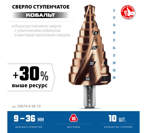 ЗУБР КОБАЛЬТ 9-36мм, 10 ступеней, винтовая проточка, сверло ступенчатое, ПРОФЕССИОНАЛ (29674-9-36-10) купить в Сочи ЗУБР КОБАЛЬТ 9-36мм, 10 ступеней, винтовая проточка, сверло ступенчатое, ПРОФЕССИОНАЛ (29674-9-36-10) купить в Сочи