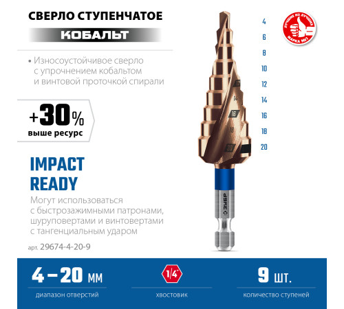 ЗУБР КОБАЛЬТ 4-20мм, 9 ступеней, винтовая проточка, сверло ступенчатое, серия Профессионал(29674-4-20-9) купить  в Сочи