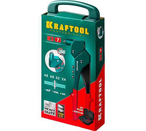 KRAFTOOL RX-7, 360°, 2.4 - 4.8 мм, литой поворотный заклепочник в кейсе (31176-H6) купить  в Сочи