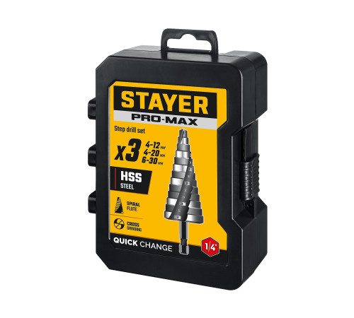 STAYER Pro-Max 3 шт, 4-30мм, винтовая спираль, набор сверл ступенчатых (29661-4-30-H3) купить в Сочи STAYER Pro-Max 3 шт, 4-30мм, винтовая спираль, набор сверл ступенчатых (29661-4-30-H3) купить в Сочи