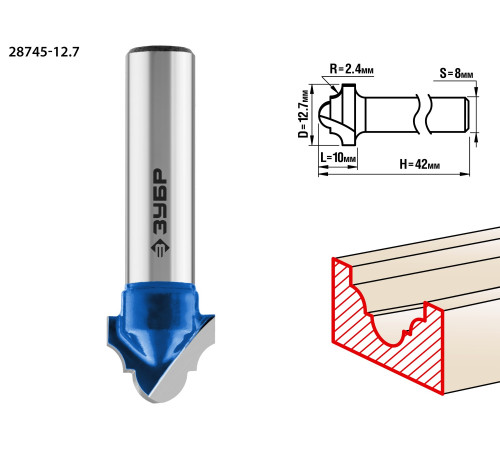 ЗУБР 12.7 x 10 мм, радиус 2.4 мм, фреза пазовая фасонная №6, Профессионал (28745-12.7) купить  в Сочи