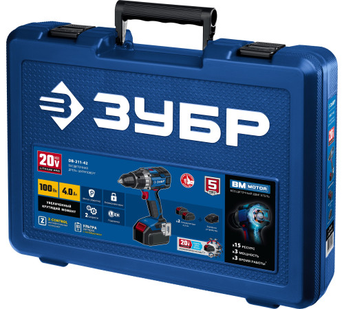 ЗУБР Т7, 20 В, 100 Н·м, 2 АКБ (4 А·ч), бесщеточная дрель-шуруповерт, кейс, Профессионал (DB-211-42) купить  в Сочи