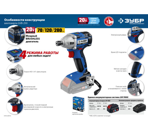 ЗУБР Т7, 20 В, 280 Н·м, без АКБ, бесщеточный винтоверт, Профессионал (GVB-250) купить  в Сочи