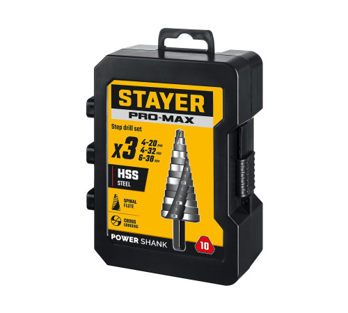 STAYER Pro-Max 3 шт, 4-38мм, винтовая спираль, набор сверл ступенчатых (29661-4-38-H3) купить в Сочи STAYER Pro-Max 3 шт, 4-38мм, винтовая спираль, набор сверл ступенчатых (29661-4-38-H3) купить в Сочи