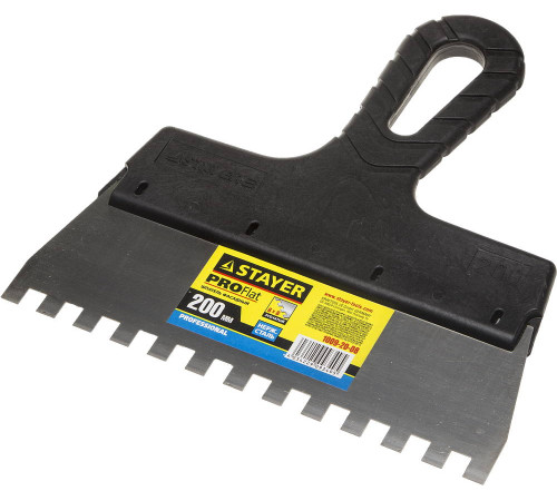 STAYER PROFlat, 200 мм, зуб 8 х 8 мм, пластиковая ручка, зубчатый, нержавеющий фасадный шпатель, Professional (1009-20-08) купить  в Сочи