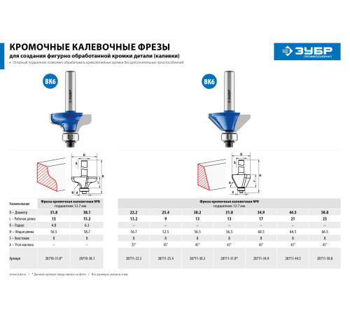 ЗУБР 22.2 x 13 мм, фреза кромочная калевочная (фасочная) №9, Профессионал (28711-22.2) купить  в Сочи