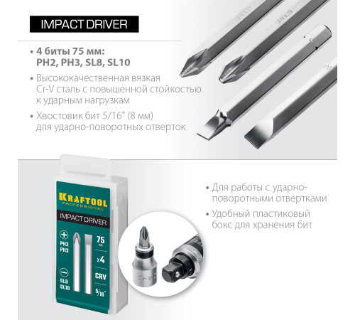 KRAFTOOL 75 мм, 4 шт, набор бит для ударной отвертки (25552) купить  в Сочи