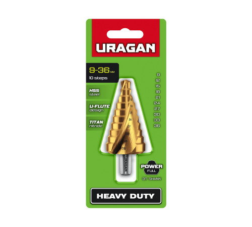URAGAN 9-36мм, 10 ступеней, винтовая спираль, сверло ступенчатое (29658-9-36-10) купить  в Сочи