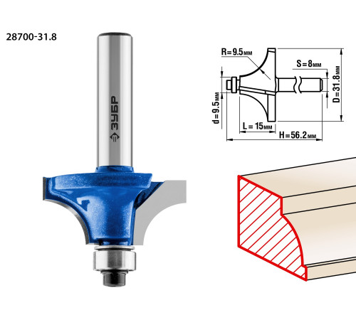 ЗУБР 31.8 x 15 мм, радиус 9.5 мм, фреза кромочная калевочная №1, Профессионал (28700-31.8) купить  в Сочи
