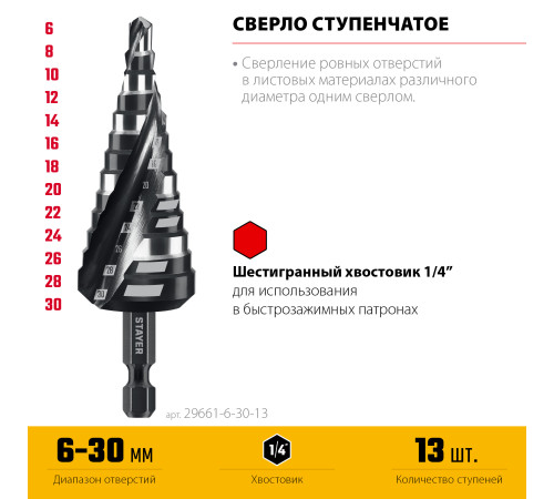 STAYER Pro-Max 6-30мм, 13 ступеней, винтовая спираль, сверло ступенчатое (29661-6-30-13) купить  в Сочи