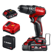 ЗУБР 20 В, 45 Н·м, 2 АКБ LMS (2 А·ч), бесщеточная ударная дрель-шуруповерт, сумка (ДБУ-45-22)