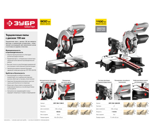 ЗУБР ЗПТ-190-1100 Л пила торцовочная, d 190 x 20 мм, 900 Вт купить  в Сочи