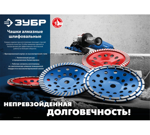 ЗУБР d 180 мм, двухрядная алмазная шлифовальная чашка (33376-180) купить в Сочи ЗУБР d 180 мм, двухрядная алмазная шлифовальная чашка (33376-180) купить в Сочи