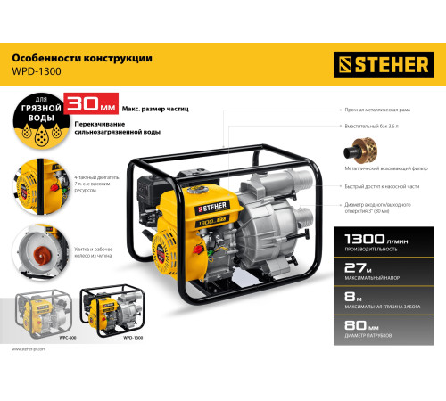 STEHER 1300 л/мин, мотопомпа бензиновая для грязной воды (WPD-1300) купить в Сочи STEHER 1300 л/мин, мотопомпа бензиновая для грязной воды (WPD-1300) купить в Сочи