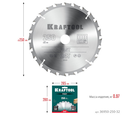 KRAFTOOL Fast, 250 х 32 мм, 24Т, пильный диск по дереву (36950-250-32) купить  в Сочи