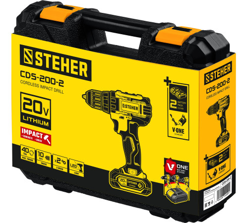 STEHER V1, 20 В, 40 Н·м, 2 АКБ (2 А·ч), ударная дрель-шуруповерт, кейс (CDS-200-2) купить  в Сочи