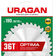 URAGAN Optima, 190 х 30/20 мм, 36Т, пильный диск по дереву (36801-190-30-36)