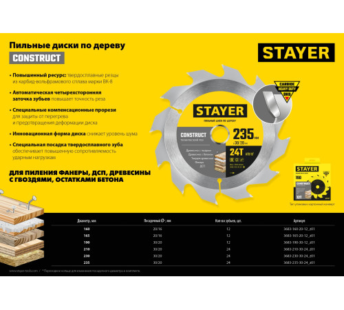 STAYER Construct, 160 x 20/16 мм, 12Т, технический рез, пильный диск по дереву (3683-160-20-12) купить  в Сочи