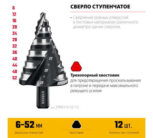 STAYER Pro-Max 6-52мм, 12 ступеней, винтовая спираль, сверло ступенчатое (29661-6-52-12) купить  в Сочи