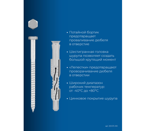 ЗУБР ФД-П 10 x 100 мм, фасадный дюбель, нейлон/цинк, 50 шт (301475-100) купить  в Сочи