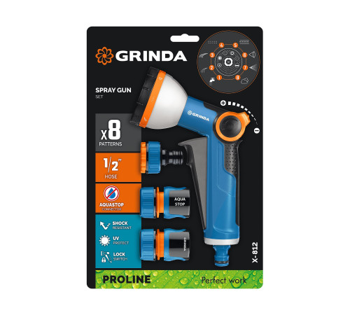 GRINDA Х-812, питолет поливочный X-8, коннектор 1/2, конектор 1/2 с автостопом, адаптер с внутр. резьбой 1/2 х 3/4, набор поливочный PROLine (429168) купить  в Сочи