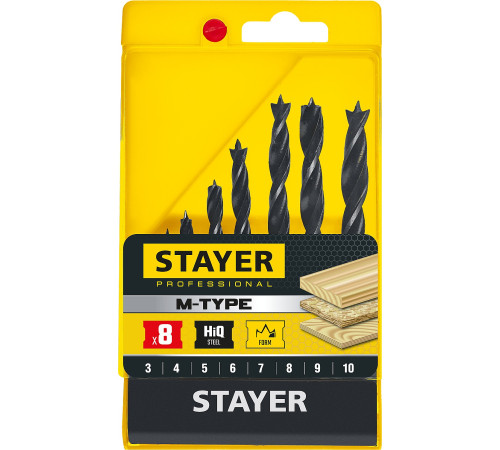 STAYER M-type, 8 шт: 3-4-5-6-7-8-9-10 мм, набор спиральных сверл по дереву (2942-H8) купить  в Сочи